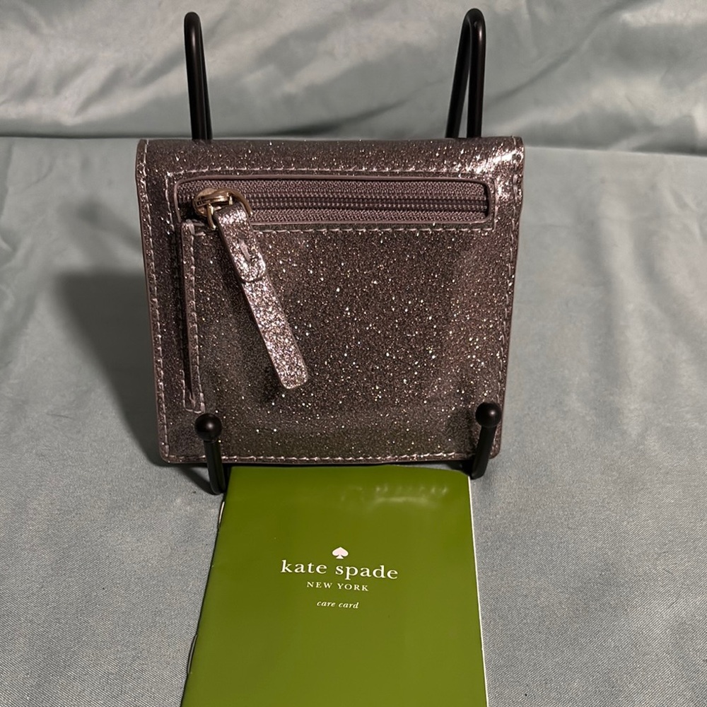 Kate Spade Glitter Bifold Wallet Silver Black Spade Logo with Care Card NWT - Picture 3 of 5